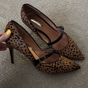 Halogen Calf Hair Leopard Print Heels with Black Straps size 8